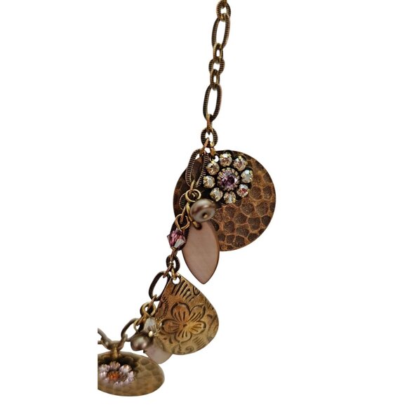 Liz Palacios Hammered Disc Copper Pearls, Pink Crystal, Rhinestone Necklace L470 - Picture 4 of 8